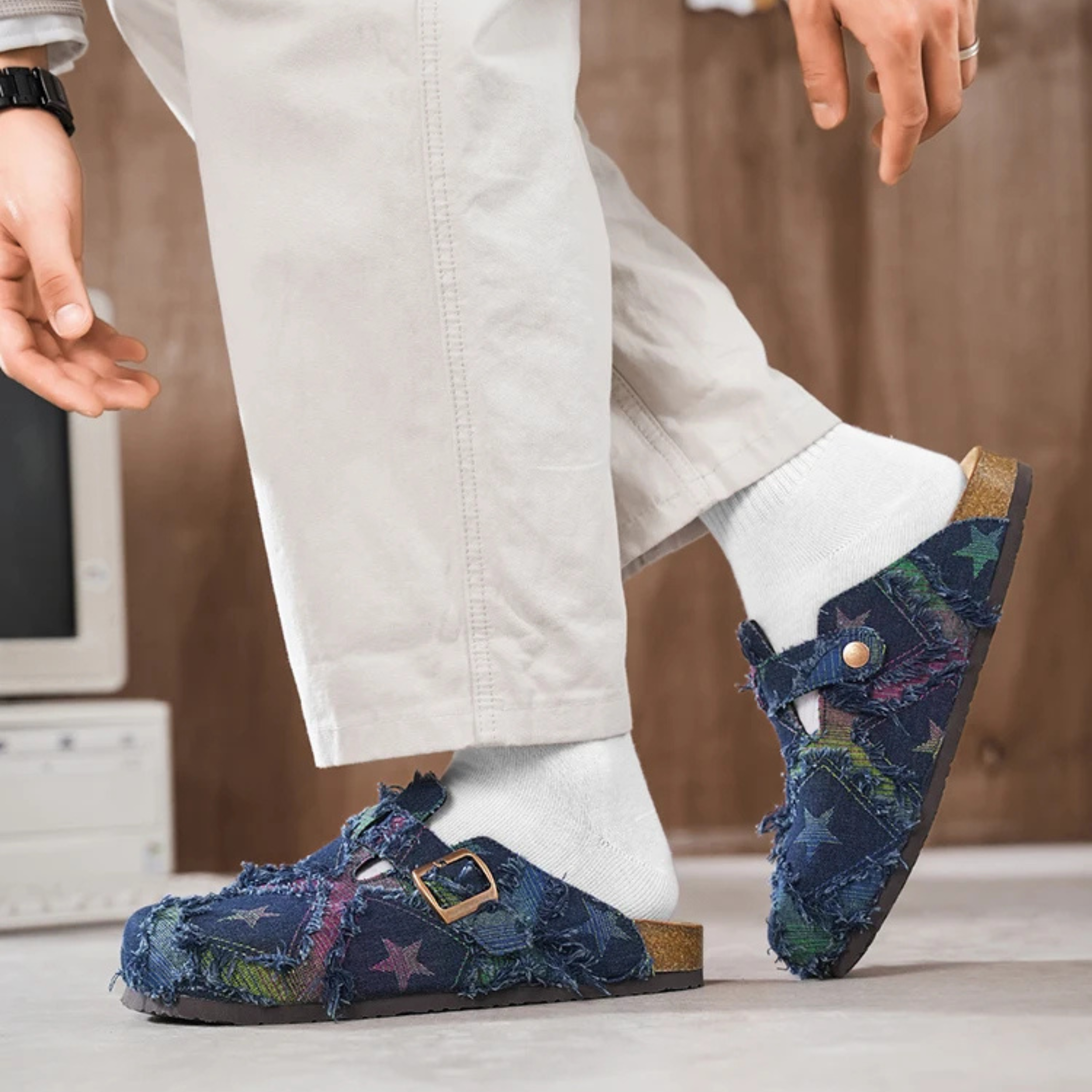 Cosmic Distressed Denim Mules